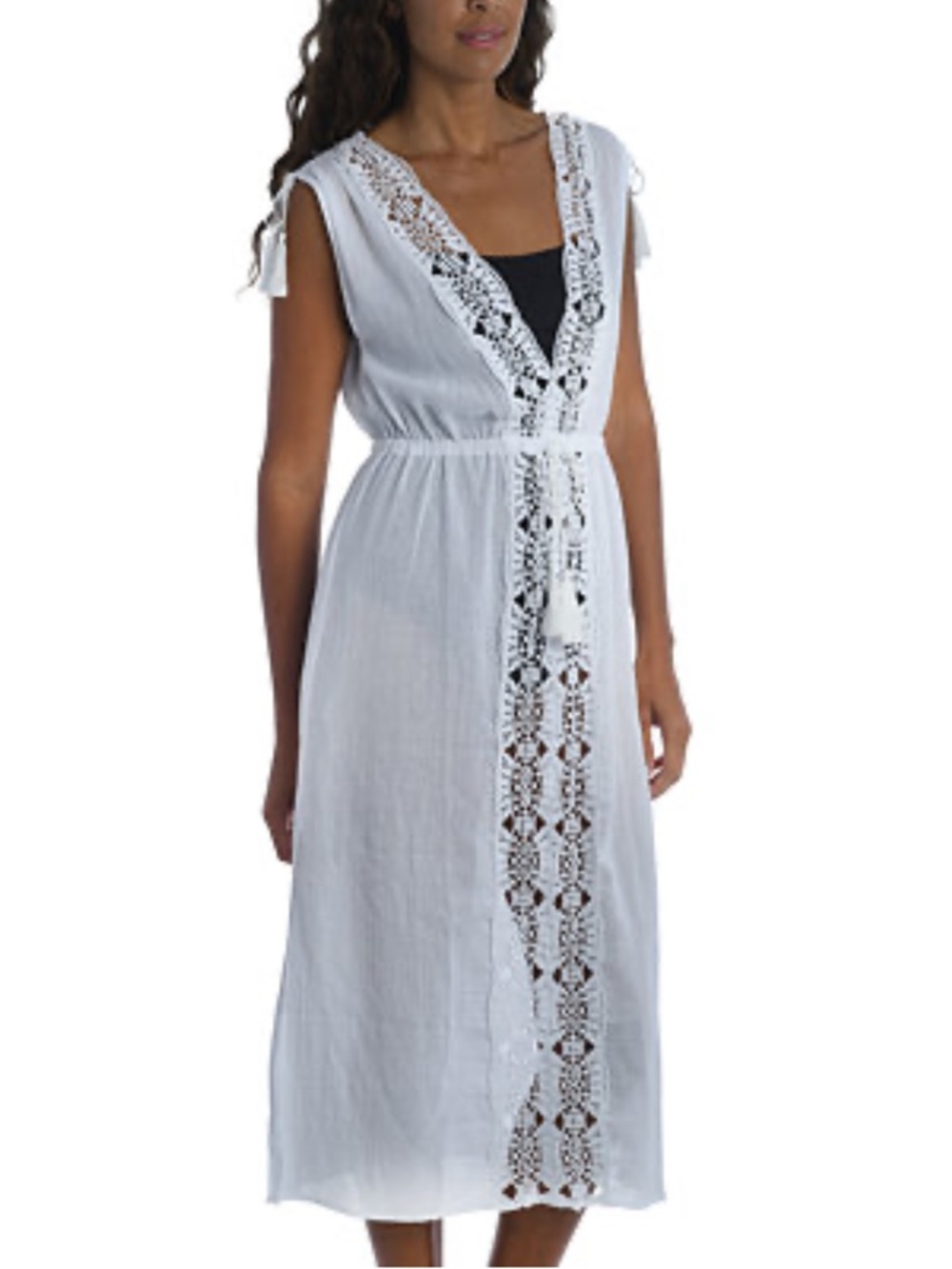 NWT La Blanca White Island Fare Gauze Lace Trim Midi CoverUp Dress Size Medium